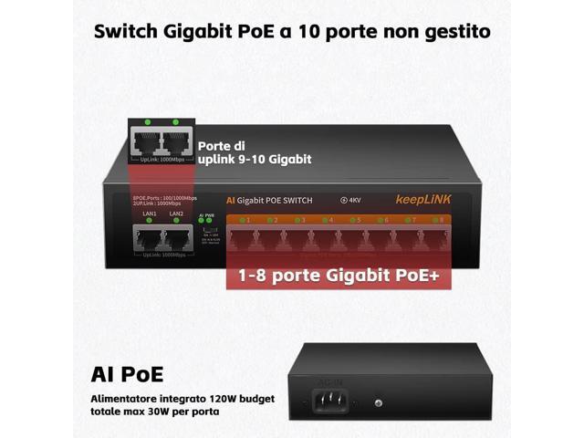 keepLiNK 8 Port Gigabit PoE Switch with 2 Gigabit Uplink, 135W Built-in Power Supply, 802.3AF/at Compliant, Desktop or Wall Mount, Ethernet Network...