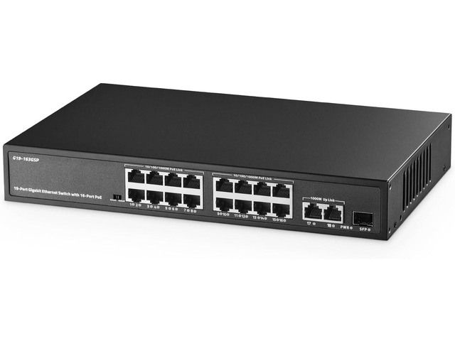 Binardat 19 Port POE Switch - 16 POE+ Ports (1000Mbps), 2 Gigabit Uplink, 1 SFP, IEEE802.3af/at, 300W Internal Power Supply, Metal Case Unmanaged...