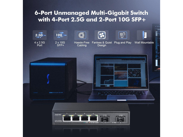 YuLinca 4 Port 2.5G Network Switch with 2x10G SFP, 4 x 2.5GBASE-T Ports, Compatible with 100/1000/2500Mbps, Multi-Gigabit Fanless Unmanaged Metal...