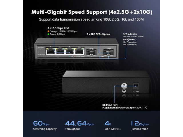 YuLinca 4 Port 2.5G Network Switch with 2x10G SFP, 4 x 2.5GBASE-T Ports, Compatible with 100/1000/2500Mbps, Multi-Gigabit Fanless Unmanaged Metal...