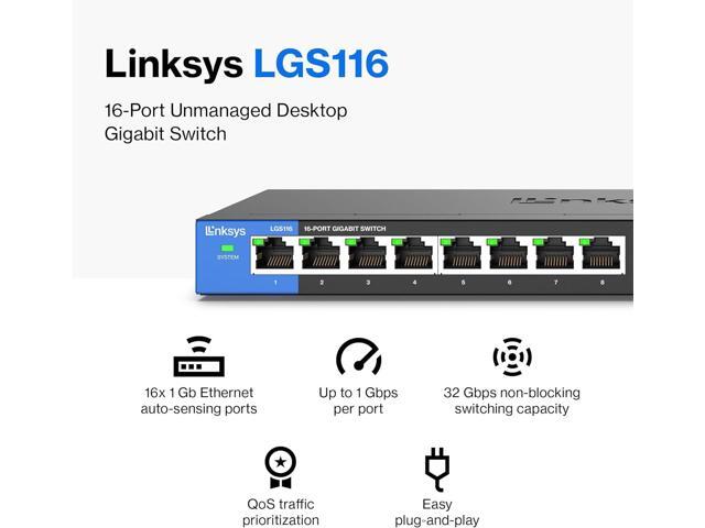 Linksys LGS116 16 Port Gigabit Unmanaged Network Switch - Home / Office Ethernet Switch Hub with Metal Housing - Wall Mount or Desktop Ethernet...