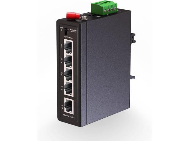 MokerLink 5 Port Industrial Din Rail Switch, 4 Ports and 1 Uplink, 10/100Mbps Fast Ethernet, DIN-Rail & Wall Mount Included
