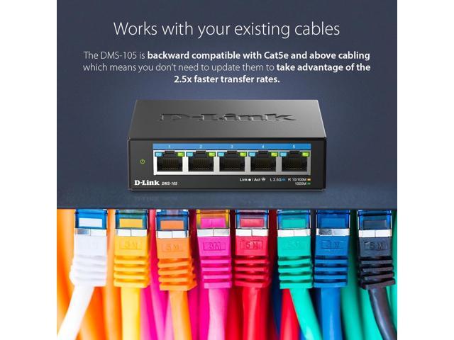 D-Link 5-Port 2.5GB Unmanaged Gaming Switch with 5 x 2.5G - Multi-Gig, Network, Fanless, Plug & Play (DMS-105),Black