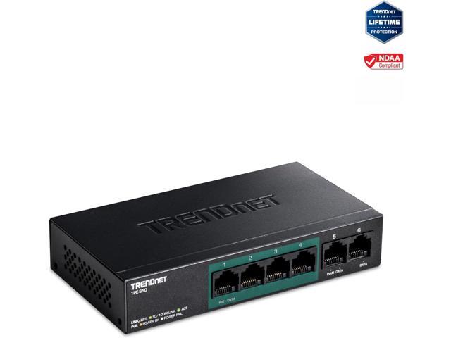 TRENDnet 6-Port Fast Ethernet PoE+ Switch, TPE-S50, NDAA Compliant, 60W PoE Budget, 1.2 Gbps Switch Capacity, Metal, Black, Lifetime Protection