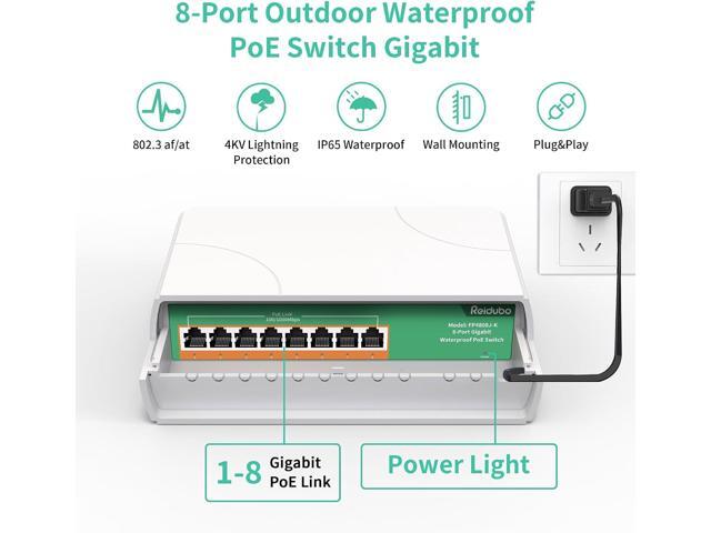 Reidubo Outdoor 8 Port Gigabit PoE Switch Waterproof, 1000 Mbps 8 PoE+ Ports 120W, IEEE802.3af/at Power Over Ethernet Unmanaged Network Switch,...