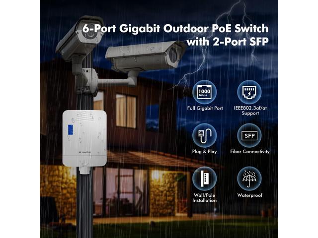 MokerLink Outdoor 6 Port Gigabit PoE Switch, 4 Gigabit PoE, 2 Gigabit SFP, 65W IEEE802.3af/at, IP65 Weatherproof Plug & Play Network Switch