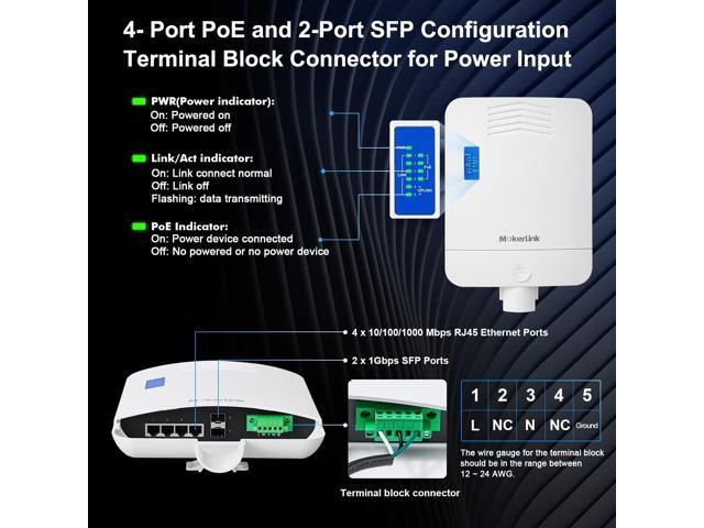 MokerLink Outdoor 6 Port Gigabit PoE Switch, 4 Gigabit PoE, 2 Gigabit SFP, 65W IEEE802.3af/at, IP65 Weatherproof Plug & Play Network Switch