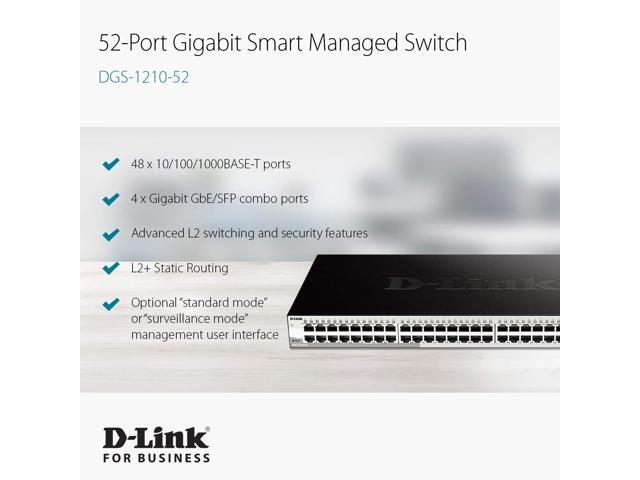 D-Link Ethernet Switch, 48 52 Port Smart Managed Layer 2+ Gigabit with 4 Gigabit RJ45/SFP COMBO Ports (DGS-1210-52)