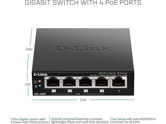 D-Link 5-Port Gigabit PoE+ Unmanaged/Plug and Play (60W Total PoE Budget 4xPort) Metal Compact Desktop Switch - (DGS-1005P)