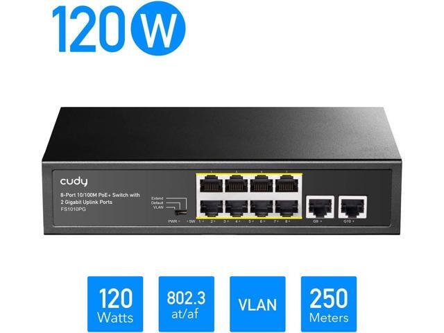 Cudy 8 Port PoE+ Switch with 2 Gigabit Uplink Ports 120W, 8 10/100Mbps PoE+@120W, Extend/VLAN Mode, 802.3af/at Standard, Fanless, Watchdog, Plug...