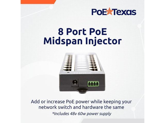 PoE Texas 8 Port PoE Injector - Gigabit Passive Power Over Ethernet Midspan - Front Wall Mount for Security Cameras, IP Phones, WiFi APs - Works...