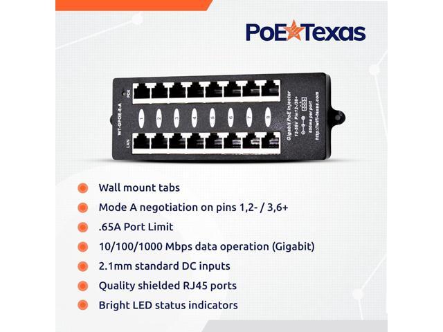 PoE Texas 8 Port PoE Injector - Gigabit Passive Power Over Ethernet Midspan - Front Wall Mount for Security Cameras, IP Phones, WiFi APs - Works...