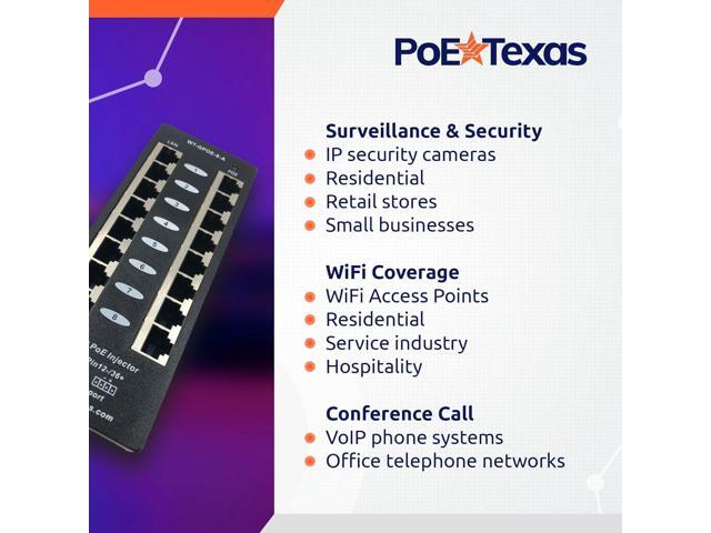 PoE Texas 8 Port PoE Injector - Gigabit Passive Power Over Ethernet Midspan - Front Wall Mount for Security Cameras, IP Phones, WiFi APs - Works...