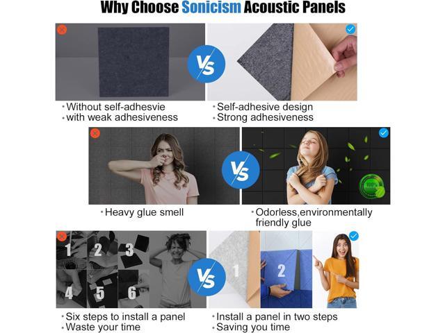 Sonicism 12 Pack Acoustic Wall Panels with Self-Adhesive, 12' X 12' X 0.4' Sound Proof Foam Panels, Decorative Soundproof Wall Panels, Sound Proof...