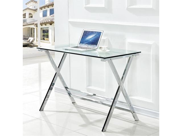SMARTIK Modern Glass Computer Desk, Clear Study Table - Gaming Desks, Study Desk, and Workstation Table for Small Spaces - Stainless Steel Frame...