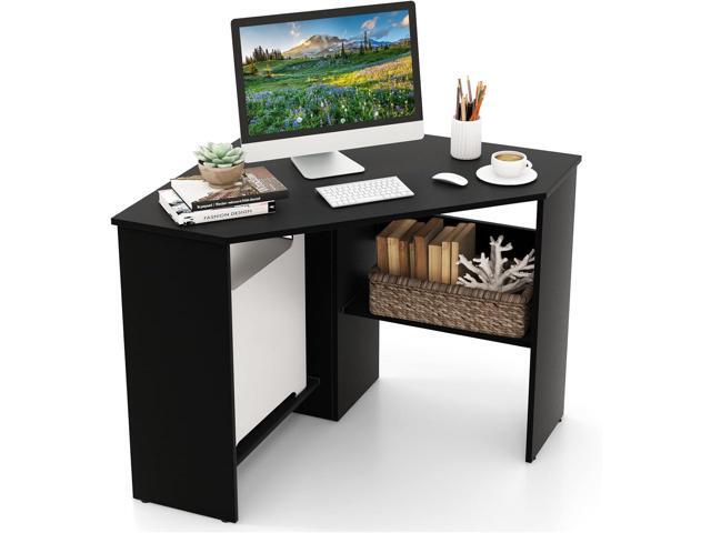 GOFLAME Corner Desk with Storage Shelves, Triangular Computer Desk with Cable Management Holes, Laptop Workstation for Small Space, Makeup Vanity...