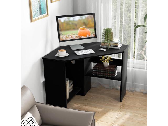GOFLAME Corner Desk with Storage Shelves, Triangular Computer Desk with Cable Management Holes, Laptop Workstation for Small Space, Makeup Vanity...