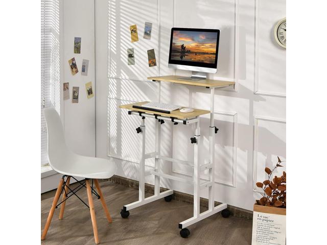 Tangkula Mobile Standing Desk Stand Up Desk, Height Adjustable Computer Desk with Standing & Seating 2 Modes, Tilting Tabletop & Flexible Wheels,...