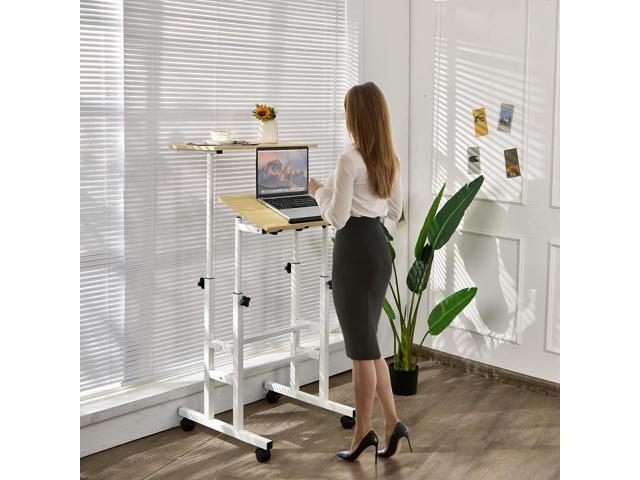 Tangkula Mobile Standing Desk Stand Up Desk, Height Adjustable Computer Desk with Standing & Seating 2 Modes, Tilting Tabletop & Flexible Wheels,...