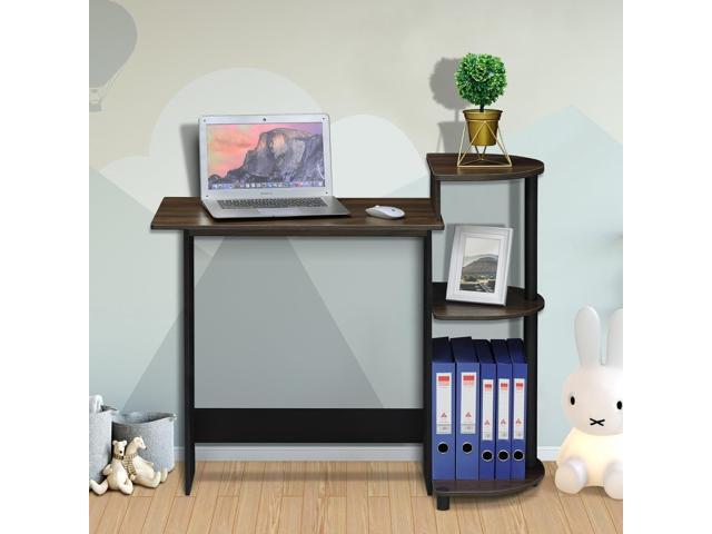 Furinno Compact Computer Desk with Shelves, Round Side, Columbia Walnut/Black