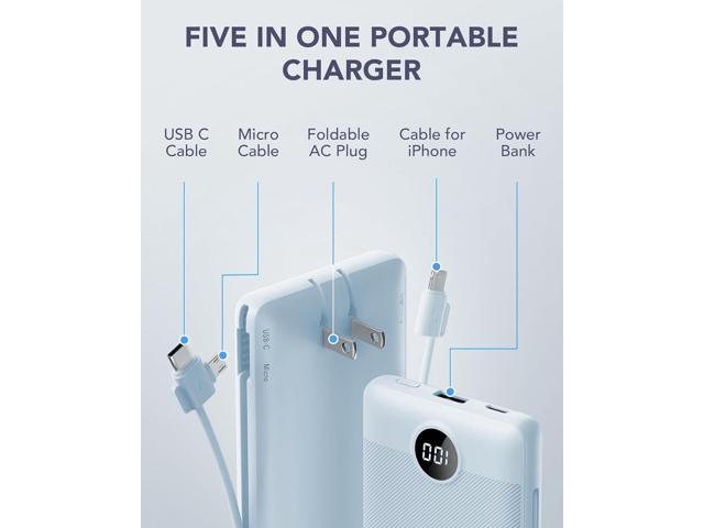 VRURC Portable Charger Built-in Cables and AC Wall Plug, USB C Power Bank 10000mAh, [2023 Upgraded Version] Phone Charger Compact Lightweight...