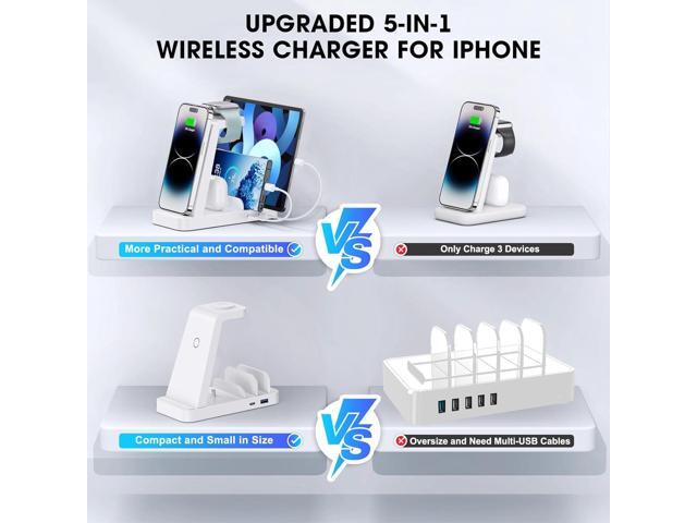 Wireless Charger for iPhone - 5 in 1 Charging Station for Multiple Devices Apple: Fast Wireless Charging Stand Dock for iPhone 15 14 13 12 Pro Max...