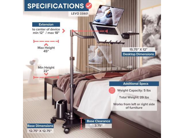 LEVO G2 Deluxe Adjustable Laptop Stand Rolling Computer Desk & Ergonomic Table for Bed, Sofa, or Office Portable Mobile Workstation with Tilt ...