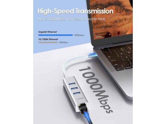 LENTION USB C Hub Ethernet Adapter, 3 USB 3.0 Ports, RJ45 Network Connector for 2023-2016 MacBook Pro, New Mac Air/iPad Pro, Chromebook, More,...