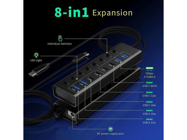 Powered USB Hub 3.0/3.1 USB C Hub- Aluminum USB Port Hub Expender- USB C Hub Splitter with Individual On/Off Switches for Laptop/PC