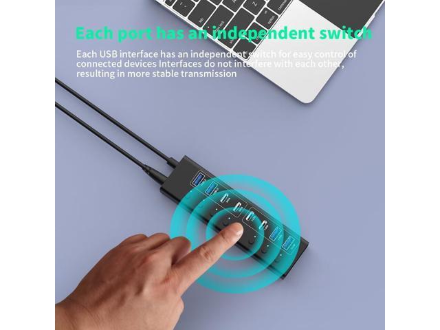 Powered USB Hub 3.0/3.1 USB C Hub- Aluminum USB Port Hub Expender- USB C Hub Splitter with Individual On/Off Switches for Laptop/PC