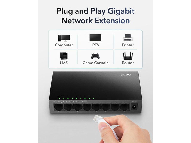 Cudy GS108 8 Port Gigabit Unmanaged Ethernet Network Switch, Ethernet Splitter Plug & Play Fanless Metal Design Shielded Ports Traffic Optimization