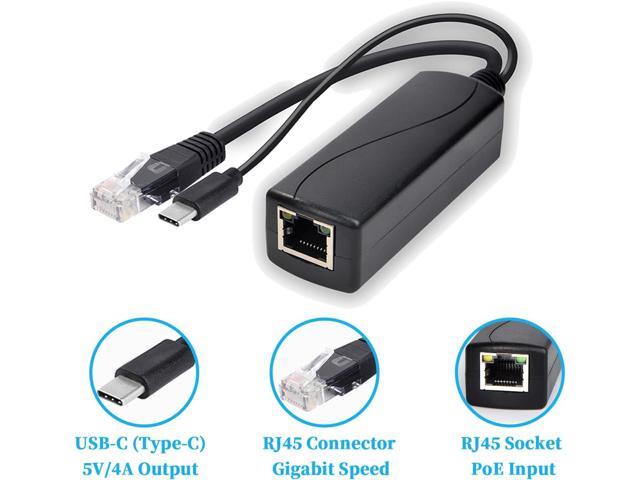Gigabit Type C PoE Splitter 5V/4A, PoE 48V to USB-C 5V/4A Output, Comply IEEE802.3af/at, Adaptive 10/100/1000Mbps, PoE Adapter Splitter for Smart...