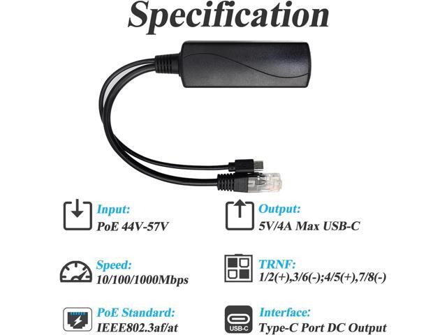 Gigabit Type C PoE Splitter 5V/4A, PoE 48V to USB-C 5V/4A Output, Comply IEEE802.3af/at, Adaptive 10/100/1000Mbps, PoE Adapter Splitter for Smart...