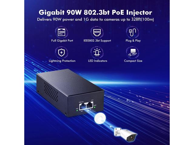 MokerLink Gigabit PoE Injector, 802.3af/at/bt 90W, 10/100/1000Mbps Ethernet, Plug & Play, Non-PoE to PoE Adapter, Distance Up to 100 Meters (328 ft.)