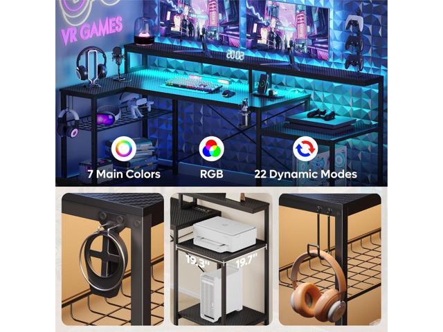 Bestier LED Gaming Desk with Power Outlets, 71 inch L Shaped Computer Desk with Monitor Stand, Large Desk with Printer Stand Adjustable Shelf, Cup...