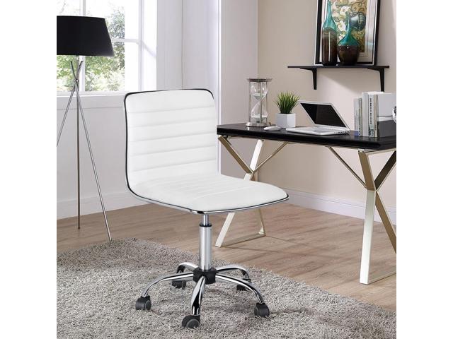 Yaheetech Adjustable Task Chair PU Leather Low Back Ribbed Armless Swivel White Desk Chair Office Chair Wheels