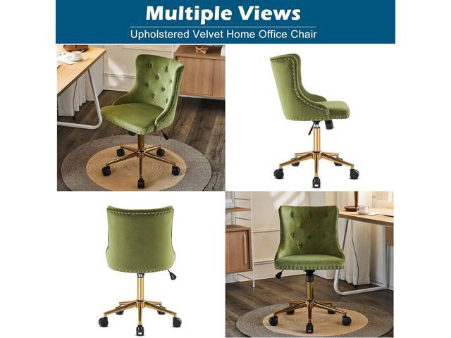 VINGLI Olive Green Velvet Armless Office Desk Chair with Gold Base/Wheels, Small Cute Vanity/Makeup Chair with Back for Bedroom, Upholstered...