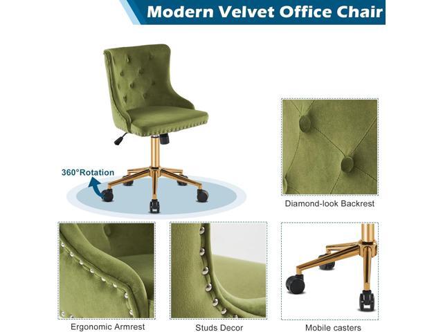 VINGLI Olive Green Velvet Armless Office Desk Chair with Gold Base/Wheels, Small Cute Vanity/Makeup Chair with Back for Bedroom, Upholstered...
