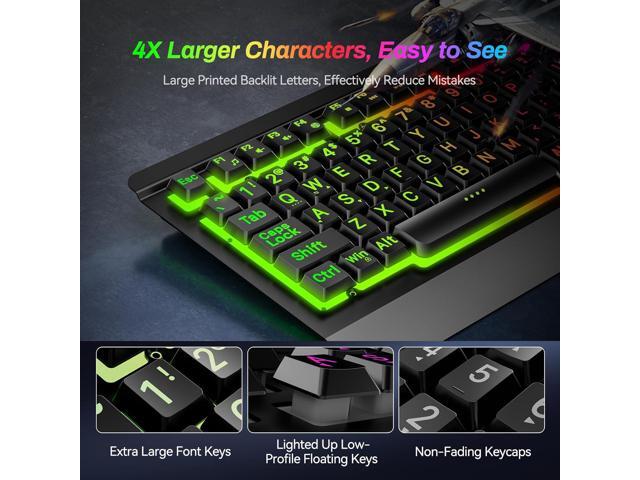 Gaming Computer Keyboard with Large Print Keys, 104 Keys All-Metal Panel, Rainbow LED Backlit, Wrist Rest, Multimedia, Anti-Ghosting, Waterproof...
