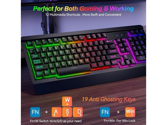 Gaming Computer Keyboard with Large Print Keys, 104 Keys All-Metal Panel, Rainbow LED Backlit, Wrist Rest, Multimedia, Anti-Ghosting, Waterproof...