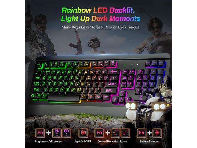 Gaming Computer Keyboard with Large Print Keys, 104 Keys All-Metal Panel, Rainbow LED Backlit, Wrist Rest, Multimedia, Anti-Ghosting, Waterproof...
