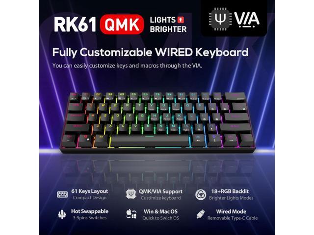 RK ROYAL KLUDGE RK61 Wired 60% Mechanical Gaming Keyboard RGB Backlit Ultra-Compact Hot Swappable Red Switch Black