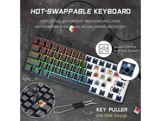 RK ROYAL KLUDGE RK61 Wired 60% Mechanical Gaming Keyboard RGB Backlit Ultra-Compact Hot Swappable Red Switch Black