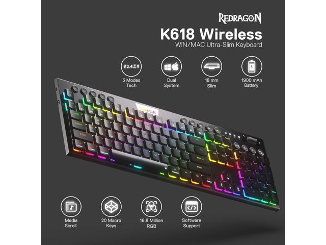 K618 PRO 3-Mode Wireless RGB Mechanical Keyboard, BT/2.4Ghz/Wired Low Profile Win/Mac Gaming Keyboard w/Ultra-Thin Design, Dedicated Media Control...