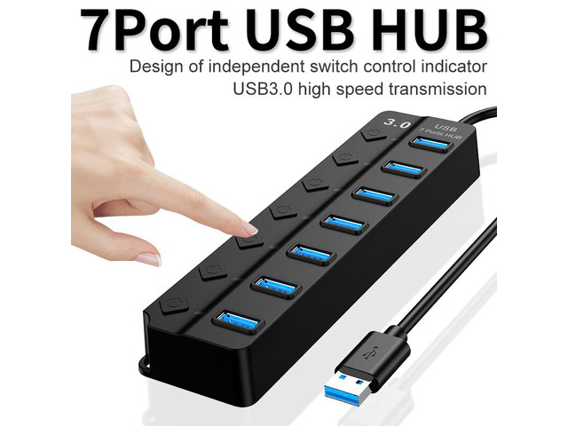 USB 3.0 Hub, DEFEILIN 7 Port Powered USB Hub Expander Aluminum USB 3.0 Data Port hub with Universal 5V AC Adapter and Individual On/Off Switches...