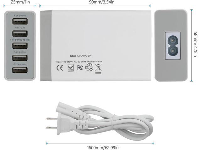 Desktop 5 Port USB Wall Charger 40W 8A, USB Hub Charging Station for Multiple Devices, Protable Multi Port USB Charger for Cell Phone x 8 8 Plus...