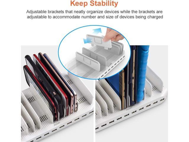 Alxum iPad Charging Station, 96W 10 Port USB Charging Station for Tablet and More Multi Devices Organizer with Detachable Dividers, White