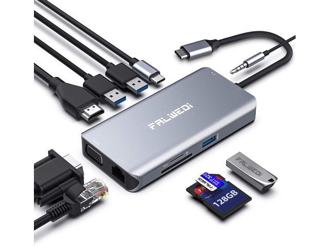 USB C Hub, Type C Adapter, FALWEDI 10-in-1 Dongle with Ethernet, 4K@30Hz HDMI, VGA, 3 USB3.0, SD/TF Card Reader, Mic/Audio, USB-C PD 3.0,...