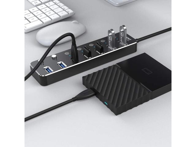USB hub, Aluminum USB 3.0 Data Hub with Individual On/Off Switches and LED Lights for Laptop, PC, Computer (4ft/120cm) (7port)