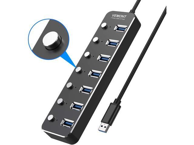 USB hub, Aluminum USB 3.0 Data Hub with Individual On/Off Switches and LED Lights for Laptop, PC, Computer (4ft/120cm) (7port)